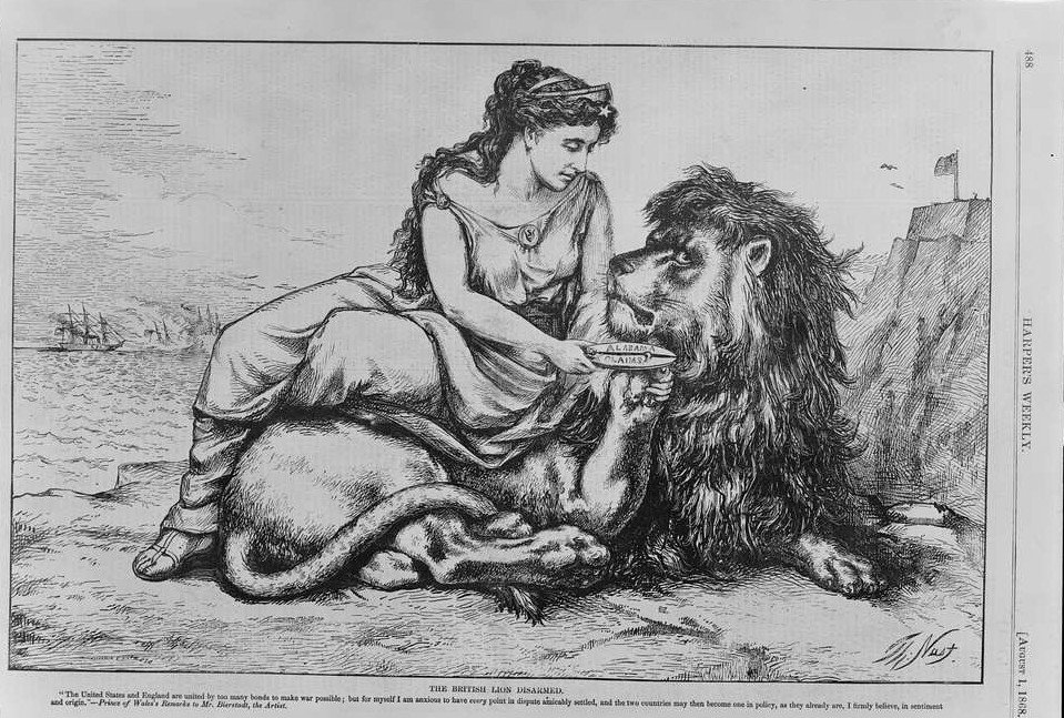 Томас Наст «Соединенные Штаты и Англию объединяет слишком много уз, чтобы сделать войну возможной; но для себя я очень хочу, чтобы все спорные вопросы были разрешены, и тогда две страны могли бы стать единым целым в политике, как они уже, я твердо верю, в чувствах и чувствах». — Замечания принца Уэльского к мистеру Хемсворту, художнику. 1868 год