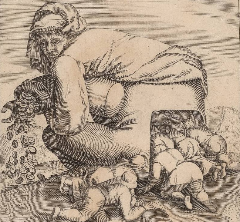 Питер Брейгель (Старший). Человек с денежным мешком и его льстецы. 1568