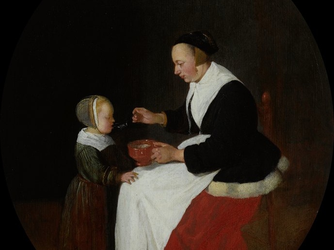 Квиринг Герритс ван Брекеленкам. Мать, кормящая своего ребёнка кашей (фрагмент). 1650-1668