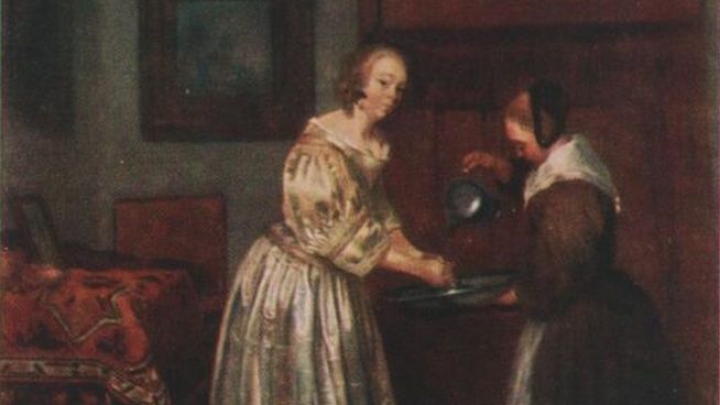 Герард Терборх Младший. Дама, умывающая руки. 1665 год. (фрагмент)