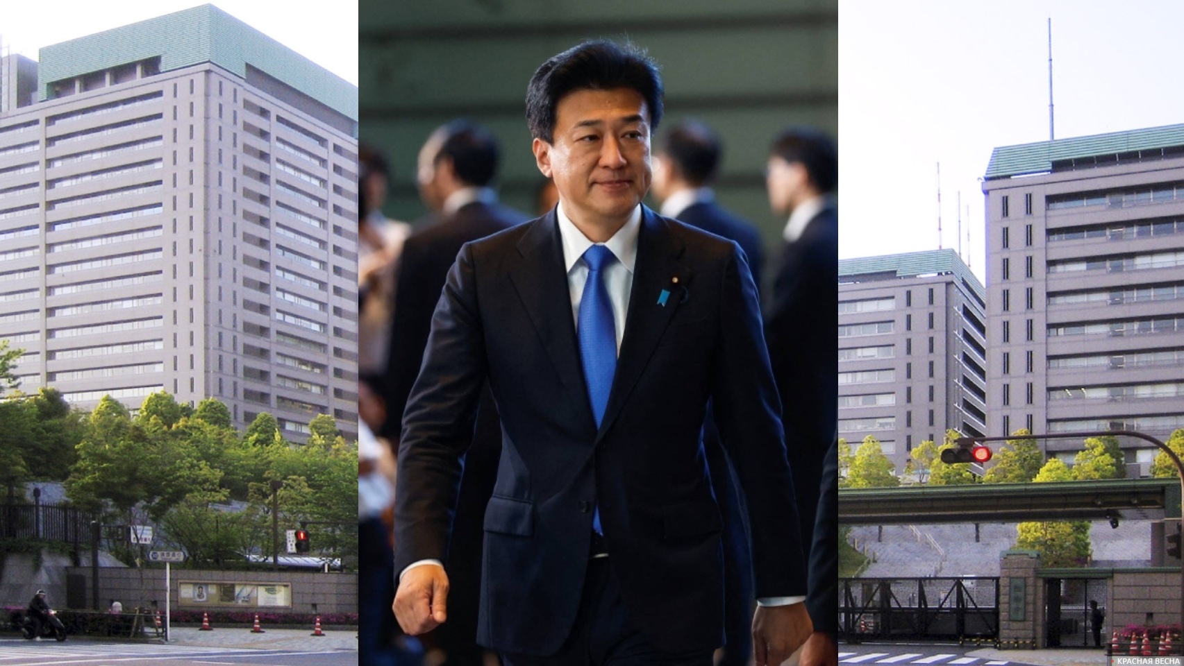 Министр обороны Японии Минору Кихара на фоне штаб-квартиры своего ведомства