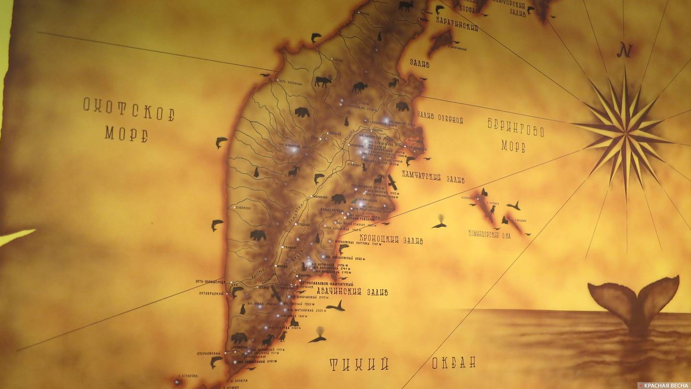 Карта полуострова Камчатка. Центр и юг.
