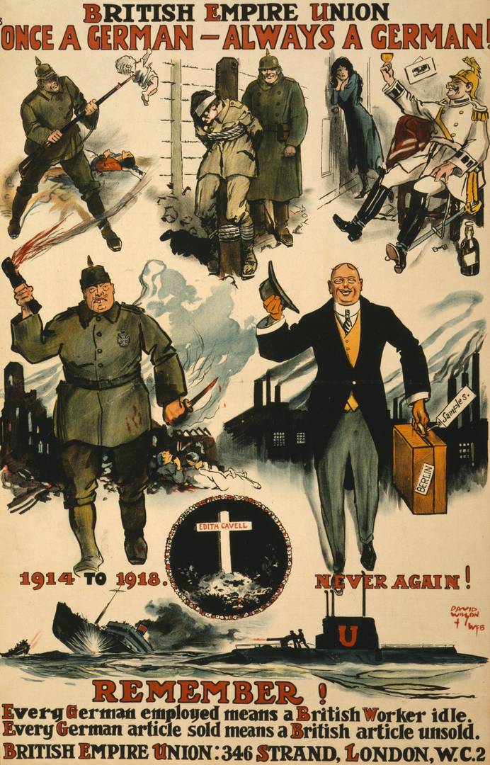 Британский плакат «Однажды немец — всегда немец». 1919 или 1920 год