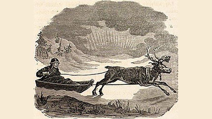 Саамы в санях на фоне Северного сияния. Иллюстрации из книги «Маанма» Захариаса (Сакари) Топелиуса, 1876 год