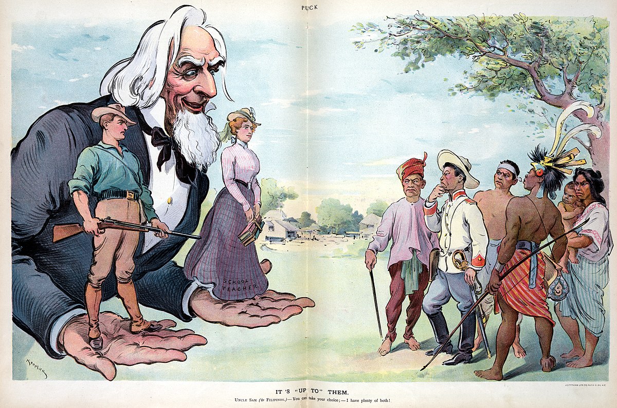  «Дядя Сэм — Да, делайте свой выбор». Дядя Сэм предлагает выбор между солдатом или школьным учителем. Журнал Puck, 1901
