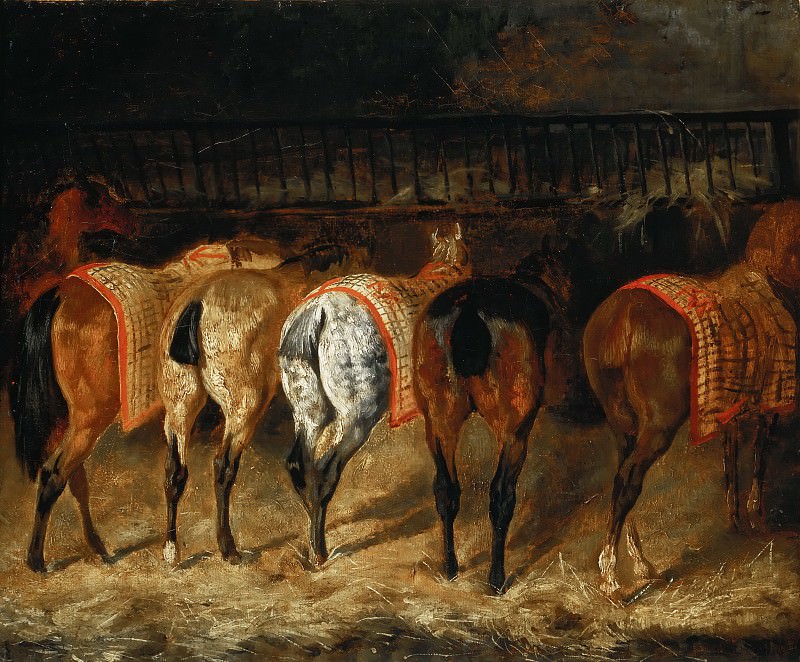 Теодор Жерико. Пять лошадей, повернутых крупом, в конюшне. 1820-1822