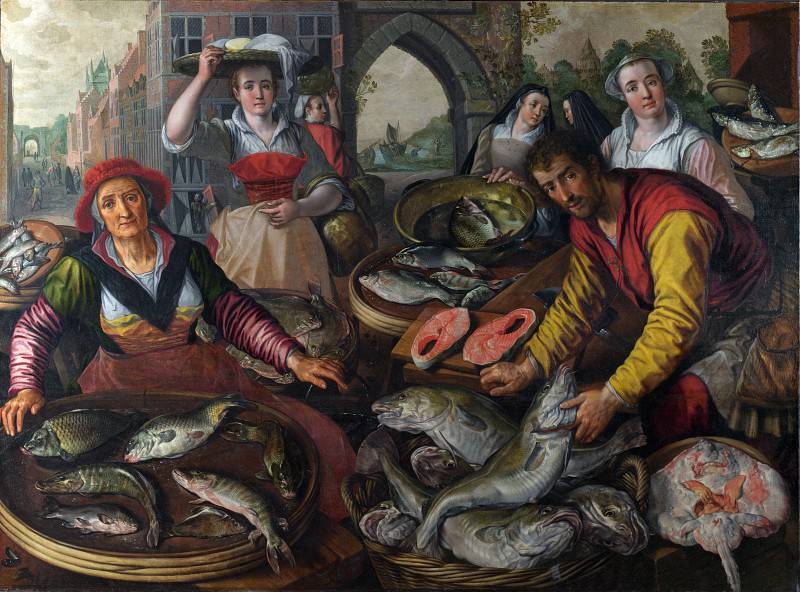 Иоахим Бейкелар. Четыре элемента: Вода. Рыбный рынок со сценой чудесного лова рыбы на заднем плане. 1569