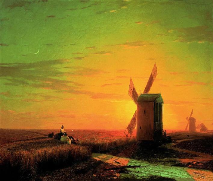 Иван Айвазовский. Ветряные мельницы в украинской степи при закате солнца. 1862