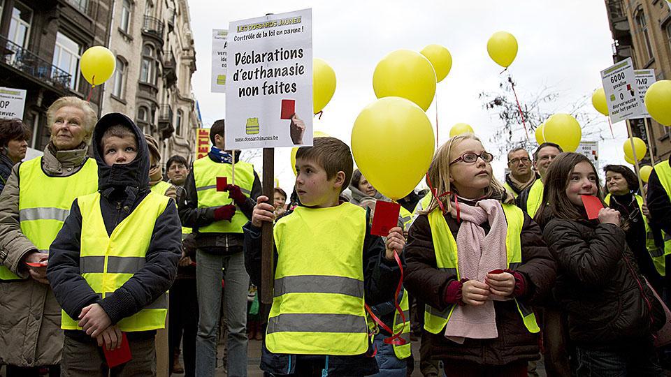 Митинг против узаконивания детской эвтаназии в Бельгии. Мальчик держит «Заявление не делать эвтаназию». 2 февраля 2014 г.