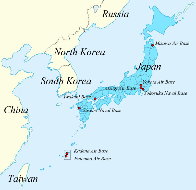 Крупные базы США на карте Японии.
