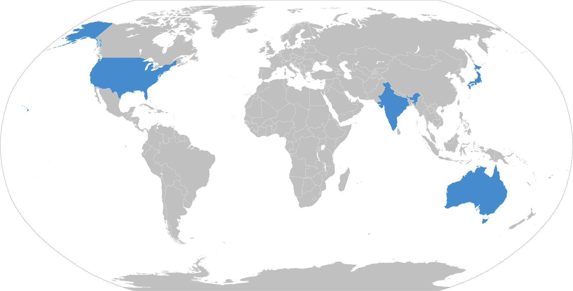 Австралия, Индия, Япония и США выделены синим цветом