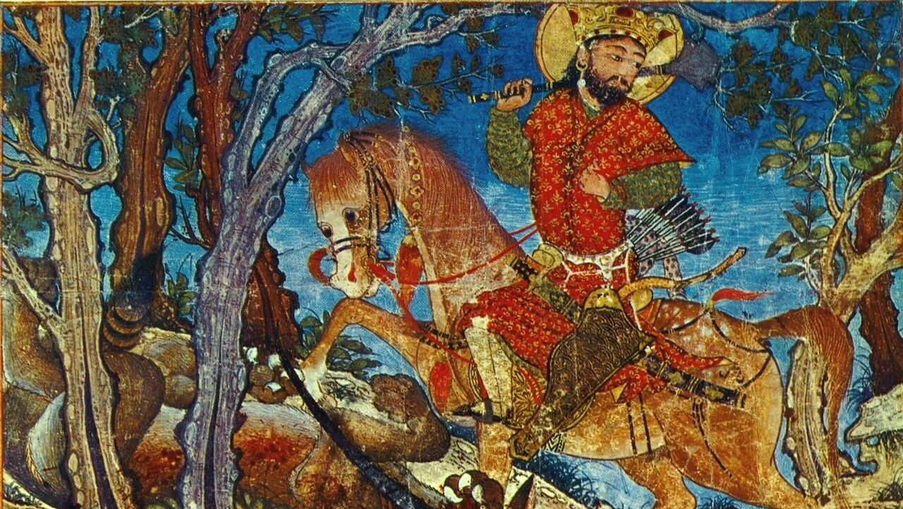 Бахрам Гур, убивший волка. Миниатюра. «Шахнаме Демотта». 1328–1336 годы