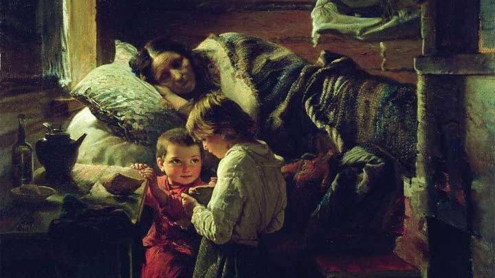 Алексей Корзухин. У краюшки хлеба (фрагмент). 1890