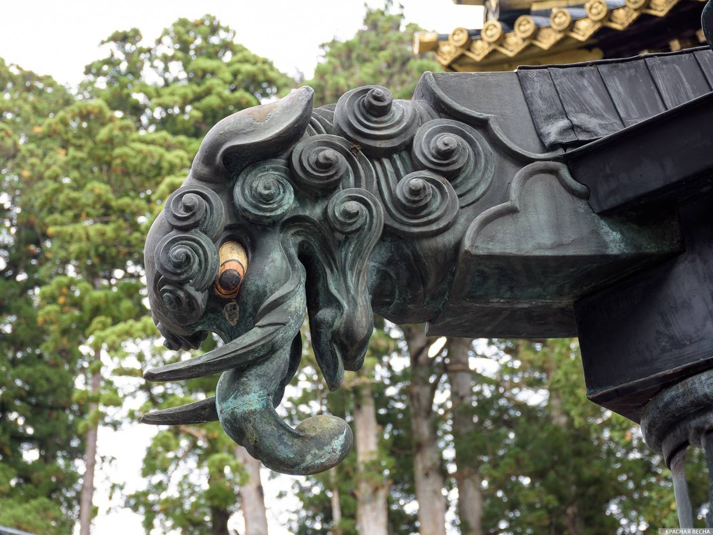 Голова слона на коньке крыши, храмовый комплекс Тосёгу, Никко, Япония 31.10.2016