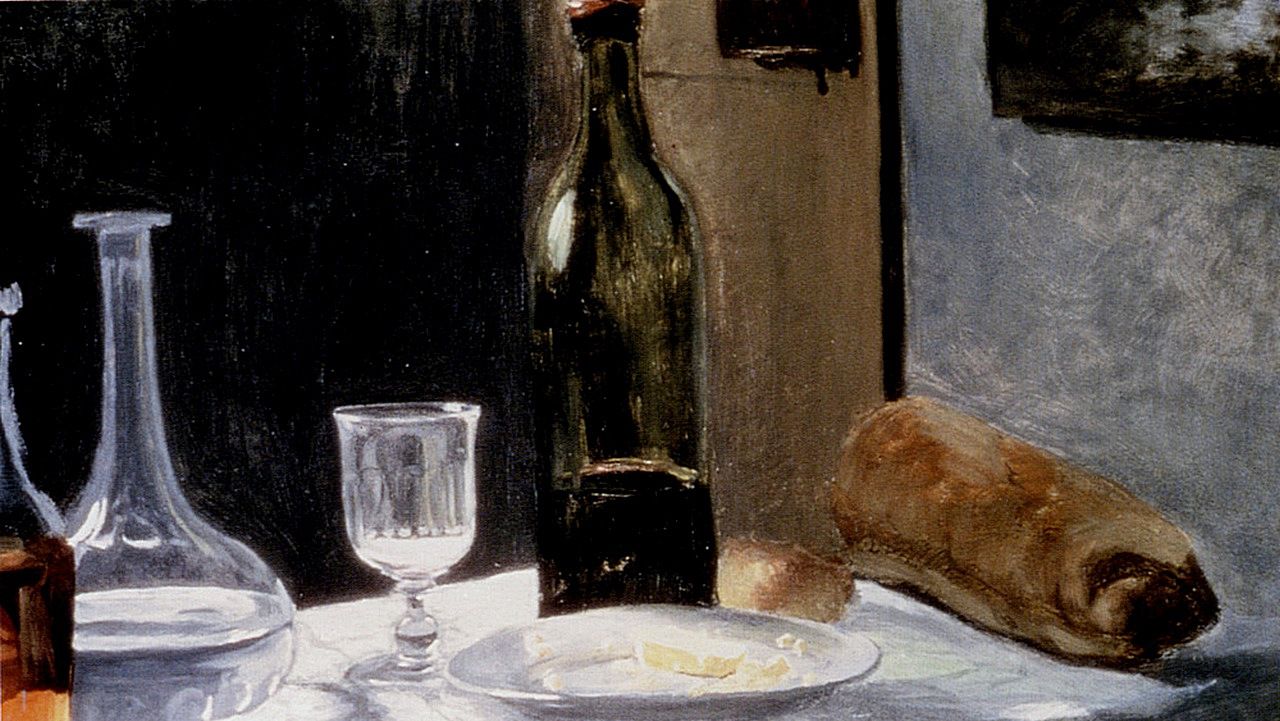 Клод Моне. Натюрморт с бутылкой, графином, хлебом и вином. 1862 