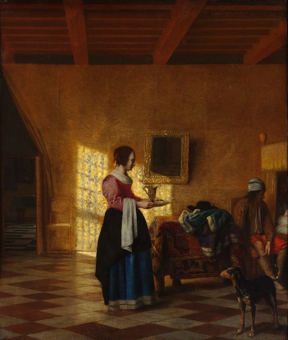 Питер де Хох. Женщина с кувшином воды, и мужчина у кровати (Служанка). 1667-1670