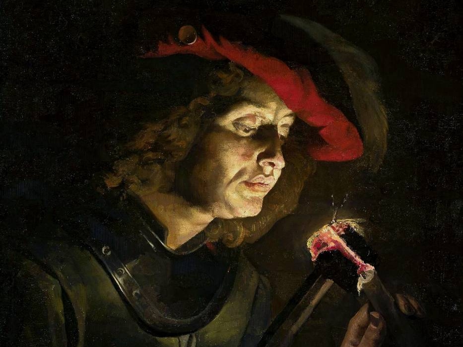 Маттиас Стом. Солдат, зажигающий свечу (фрагмент). 1630-е