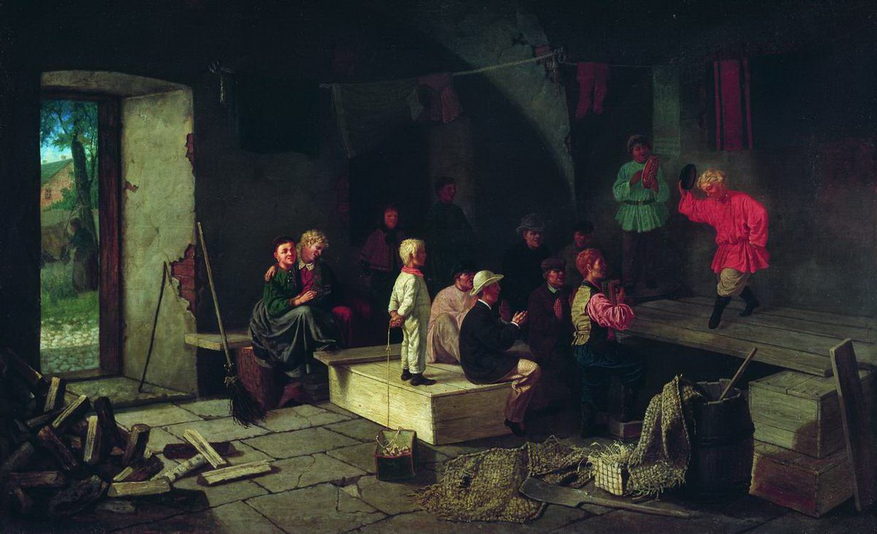 Леонид Соломаткин. Репетиция в сарае (Детский театр). 1867