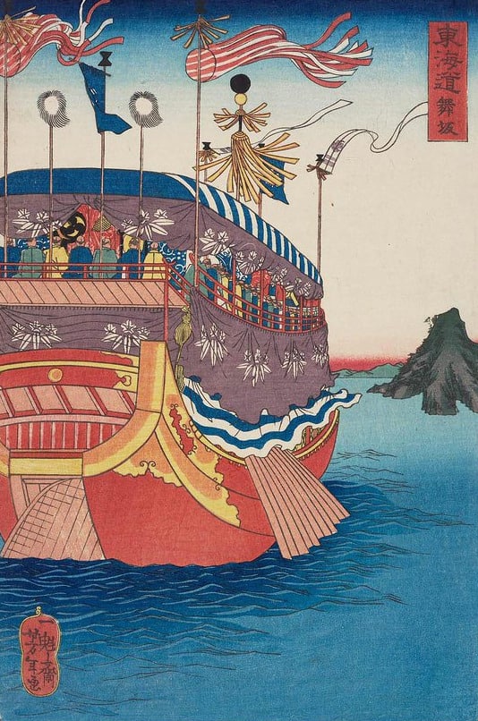 Еситоси. Майсака из серии Сцены знаменитых мест вдоль дороги Токайдо. 1863. Гравюра на дереве