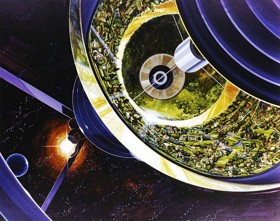 Рик Гуидайс. Рисунок, изображающий космический остров («Сфера Бернала»). 1976 г.