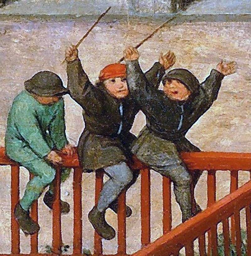 Питер Брейгель Старший. Игры детей. Фрагмент: Оседлание забора. 1560