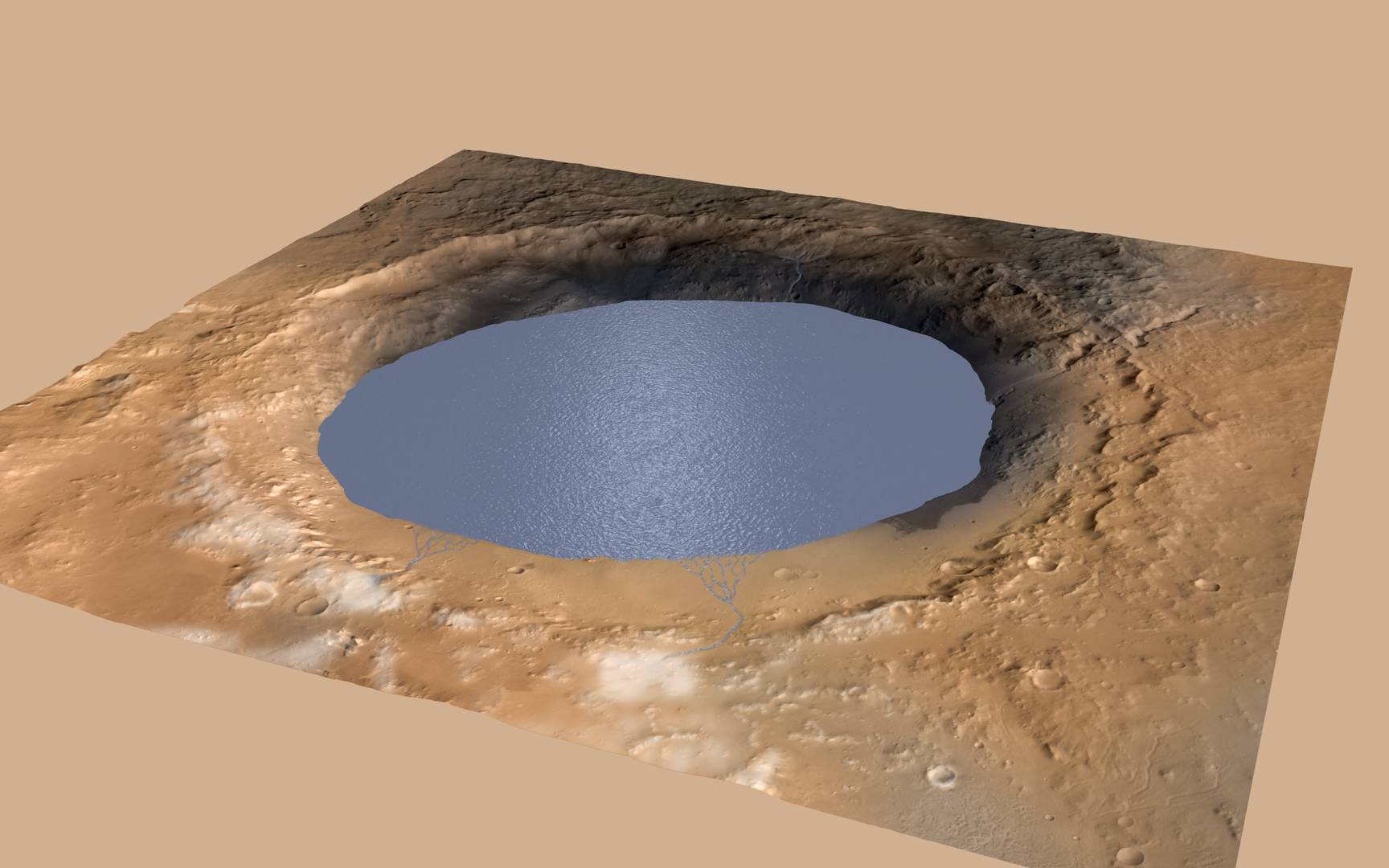 Древнее озеро заполняет кратер Гейл на Марсе (смоделированный вид)