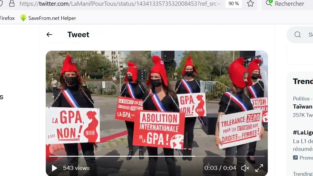 Скриншот страницы движения La Manif Pour Tous в Twitter с видеороликом о манифестации против суррогатного материнства  4 сентября 2021 года в Париже. 