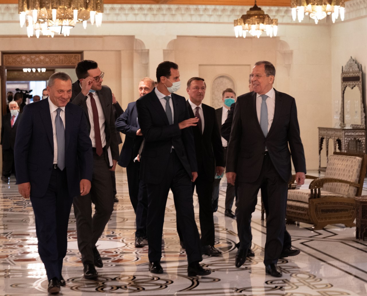 Президент Сирии Башар Асад, вице-премьер РФ Юрий Борисов и министр иностранных дел России Сергей Лавров в Дамаске