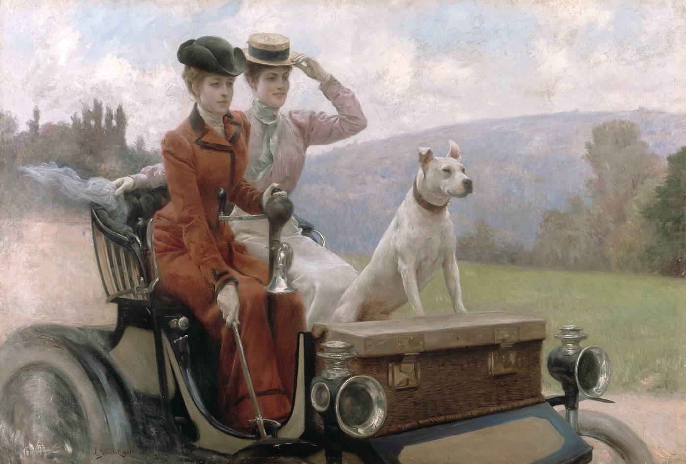 Юлиус Леблан Стюарт. Дамы Голдсмит в Булонском лесу в 1897 году на машине Пежо. 1901