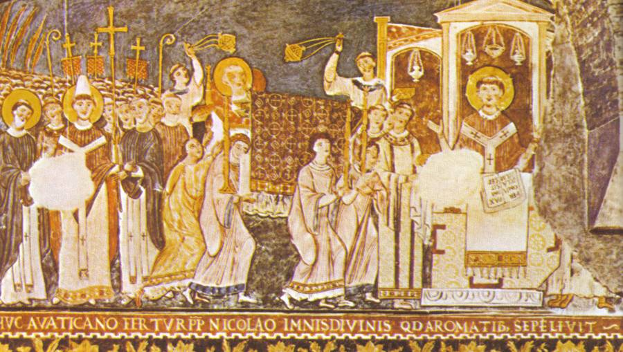 Святые Кирилл и Мефодий вносят мощи святого Климента в Рим. Фреска XI века из Базилики Святого Климента