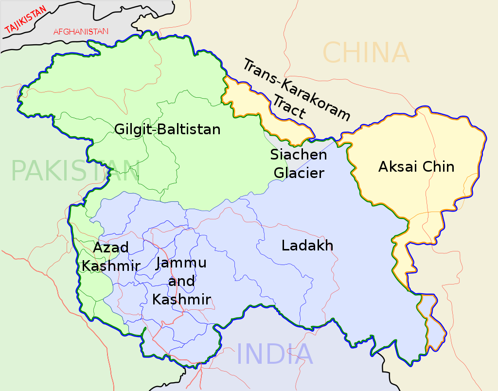 Спорная территория княжеского государства Джамму и Кашмир, разделена между Пакистаном (зеленый), Индией (синий) и Китаем (желтый)