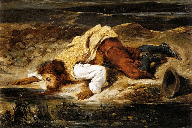 Эжен Делакруа. Смертельно раненый вор утоляет жажду (фрагмент). 1825