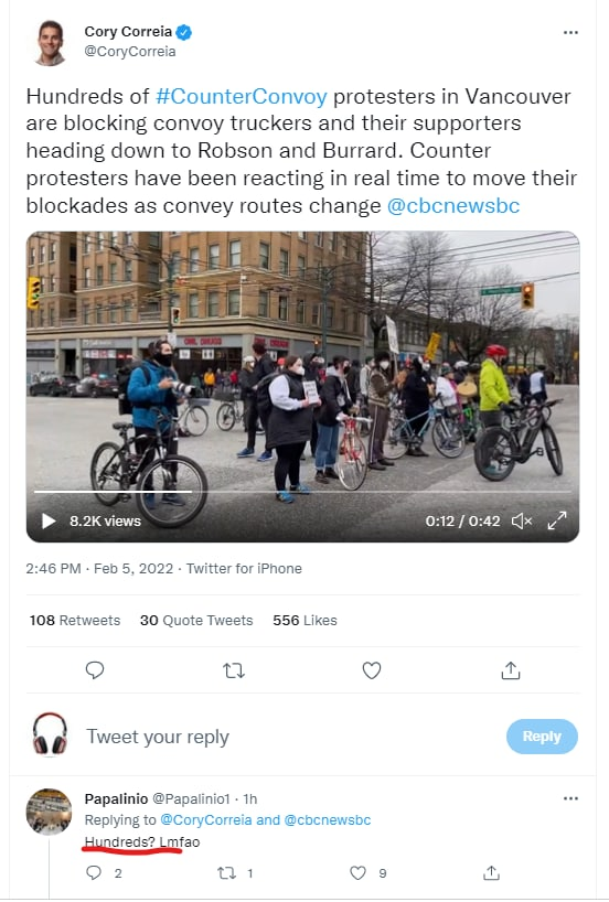 Протест против дальнобойщиков в Ванкувере. Скриншот со страницы пользователя соцсети Twitter https://twitter.com/CoryCorreia/