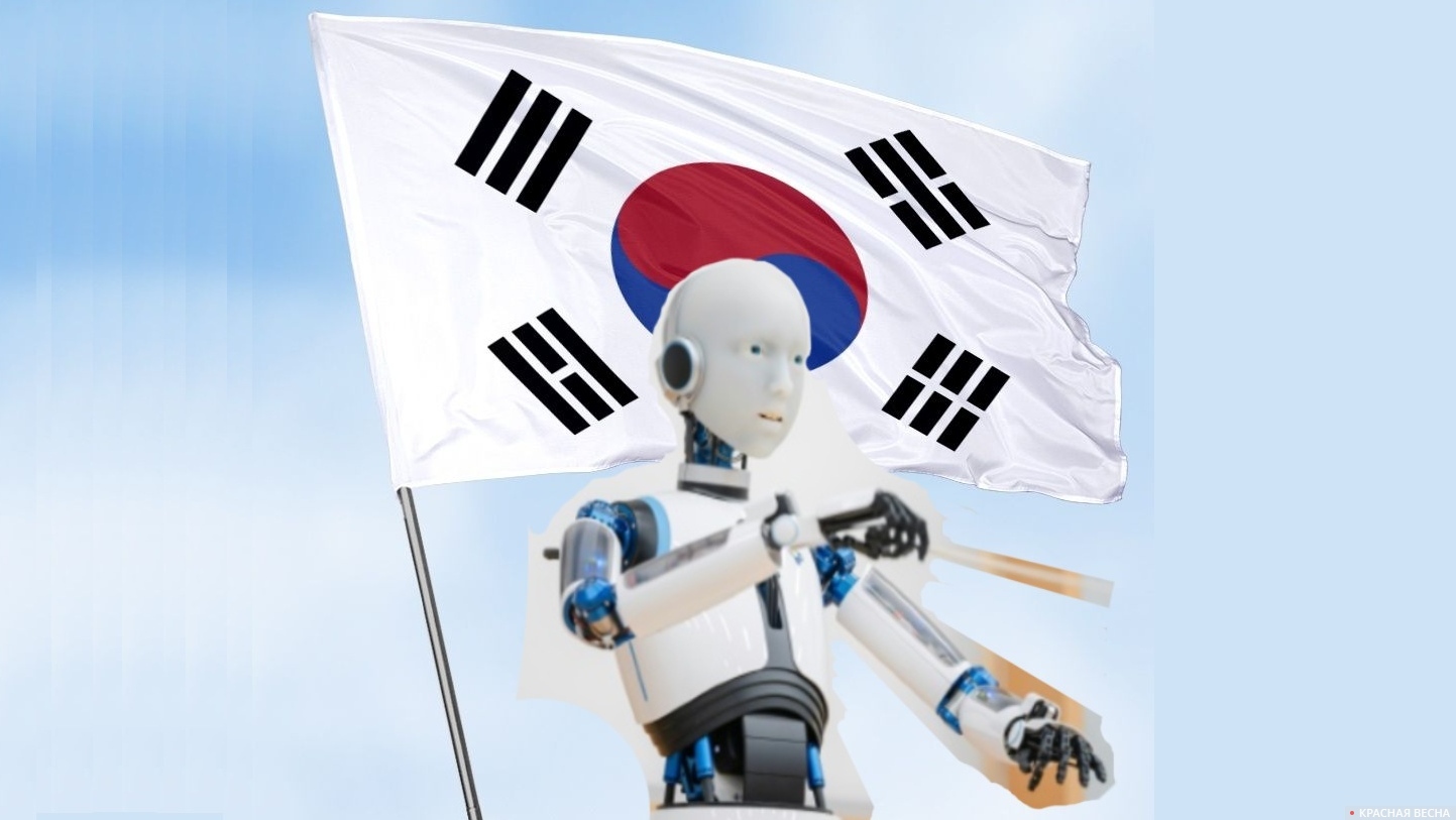 Робот-дирижер EveR 6 на фоне южнокорейского флага