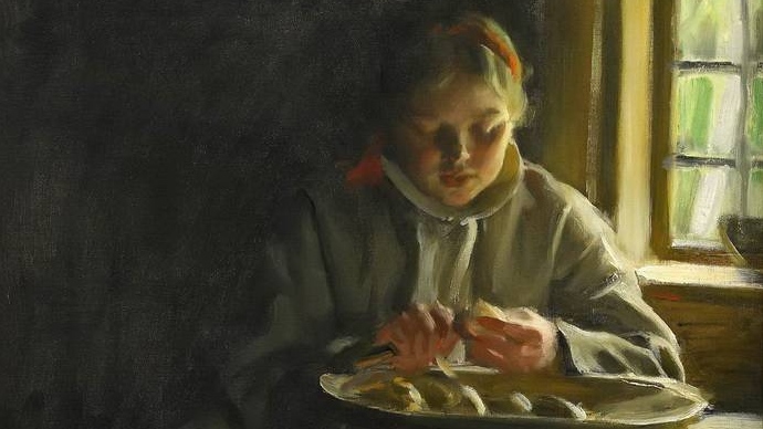 Интерьер с девушкой, чистящей картофель. Фрагмент. 1916
