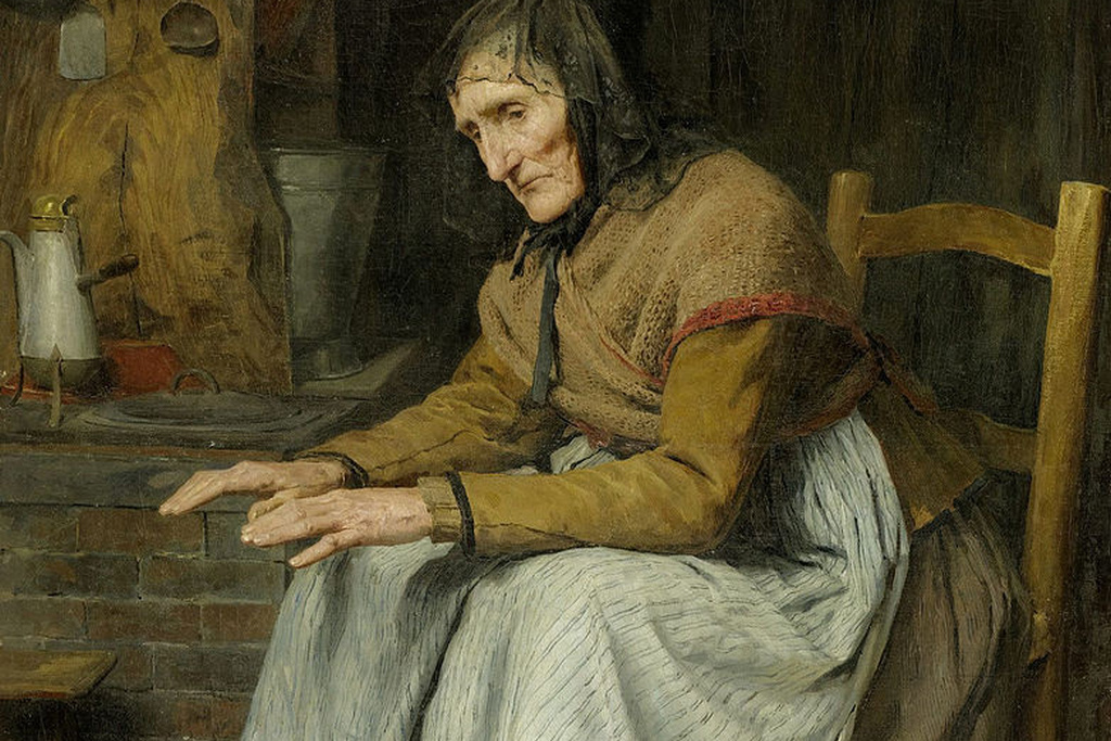 Альберт Анкер. Бабушка греется у очага (фрагмент). 1885