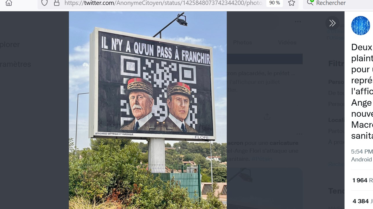 Скриншот страницы Twitter пользователя Anonyme Citoyen с фотографией рекламного щита, представляющего Эммануэля Макрона и маршала Петена в форме коллаборационистского режима Виши времен фашистской оккупации Франции