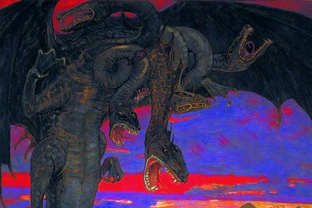 Виктор Васнецов. Бой Добрыни Никитича с семиглавым Змеем Горынычем (фрагмент). 1918