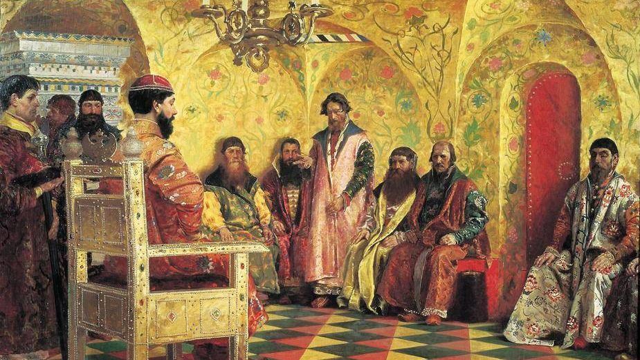 Андрей Рябушкин. Сидение царя Михаила Федоровича с боярами в его государевой комнате.1883