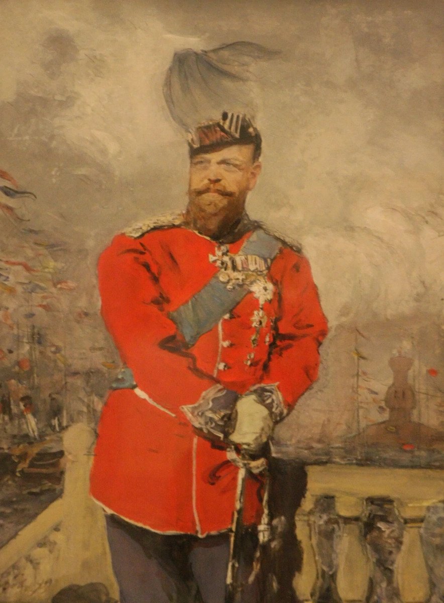 Валентин Серов. Император Александр III в мундире датской Королевской лейб-гвардии на фоне моря в копенгагенской гавани. 1899
