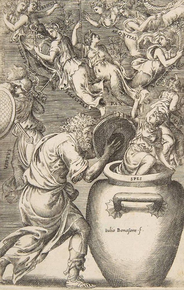 Гравюра Джулио Бонасоне XVI века с изображением Эпиметея, открывающего роковой сосуд Пандоры