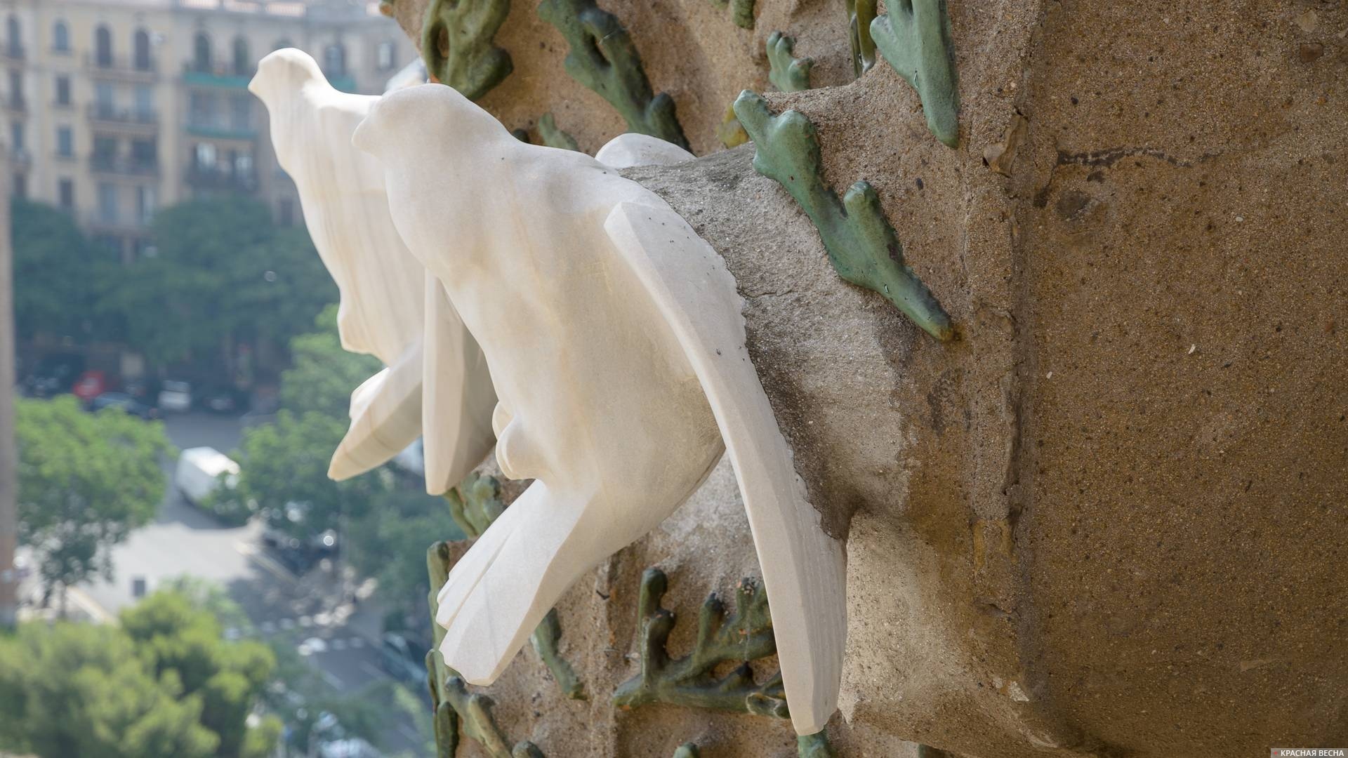 Белые голуби на фасаде Храма Саграда Фамилия, Барселона, Испания.