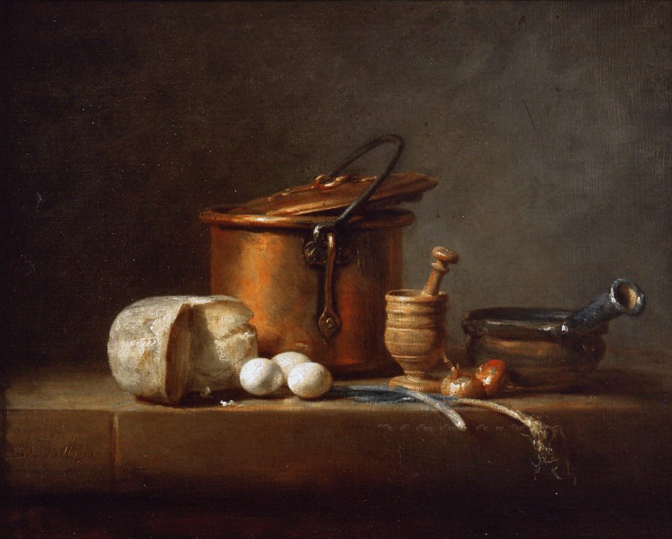 Жан-Батист Симеон Шарден. Натюрморт с медной кастрюлей, сыром и яйцами. 1730-1735