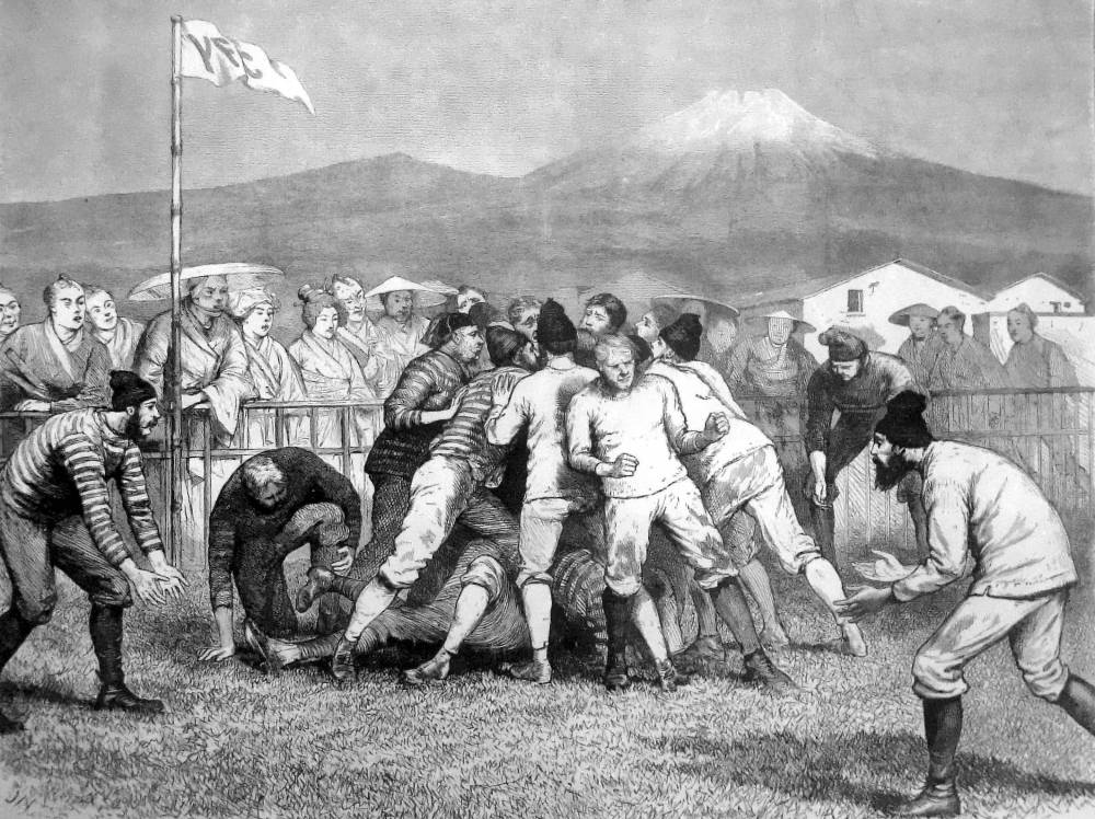 Иллюстрация, опубликованная в апрельском выпуске журнала The Graphic за 1874 год, изображает матч по регби в Иокогаме между англичанами и шотландцами. Японские зрители наблюдают