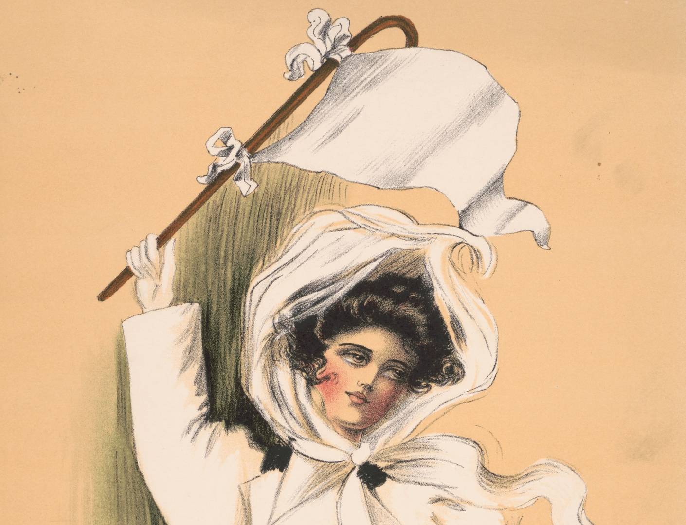 Евгения Фидлер. Женщина в белом платье и пальто машет белым флагом (фрагмент). 1909