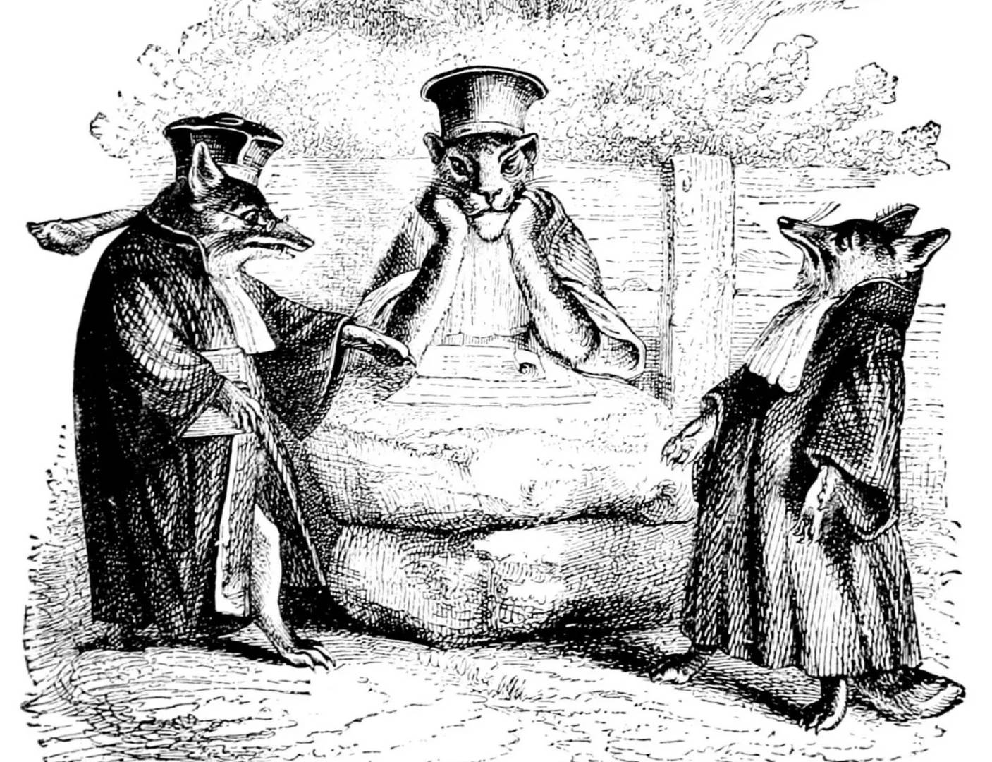 Жан Гранвиль. Тяжба между двумя Лисами (фрагмент). 1839