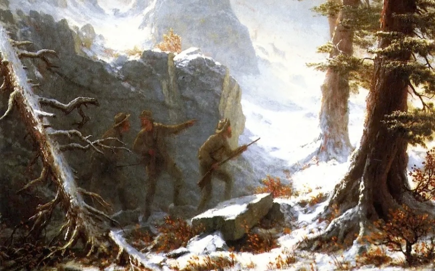 Альберт Бирштадт. Охотники, преследующие горного барана (фрагмент). 1880