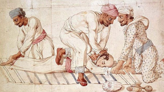 Туги, убивающие путешественника на проезжей дороге в Индии в начале XIX века. Неизвестный индийский художник. 1829–1840