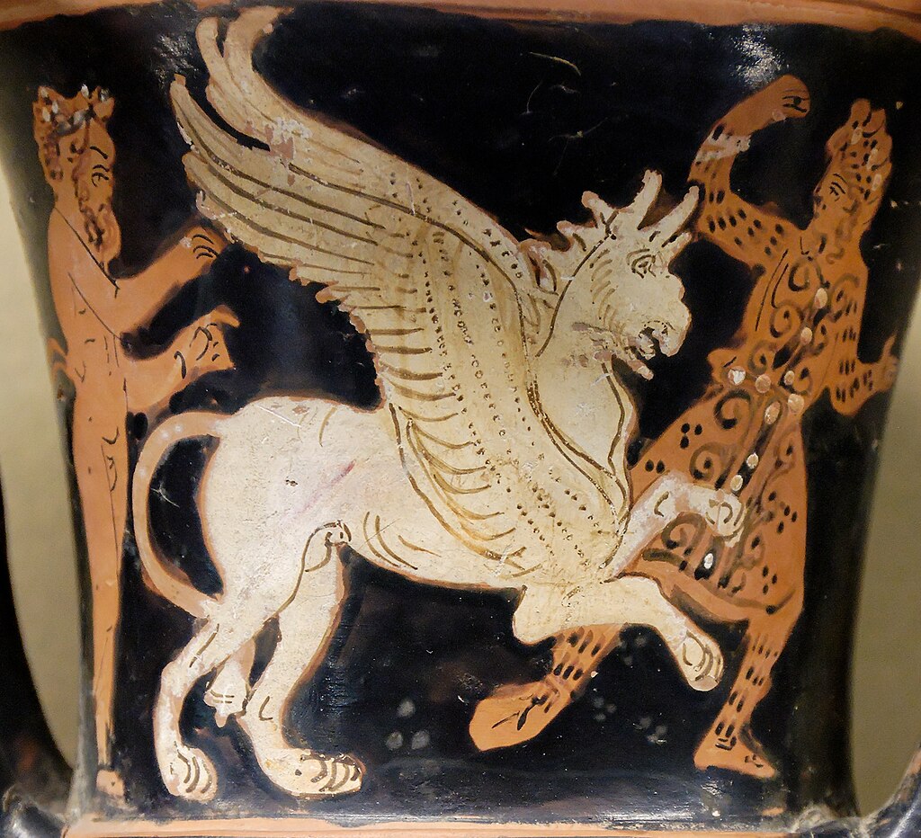 Греческий сосуд, на котором изображена сцена битвы грифонов и одноглазых аримаспов