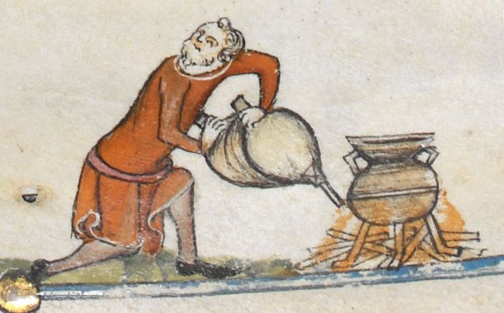 Человек раздувает огонь под трехногим котлом. Средневековая миниатюра. 1300–1340